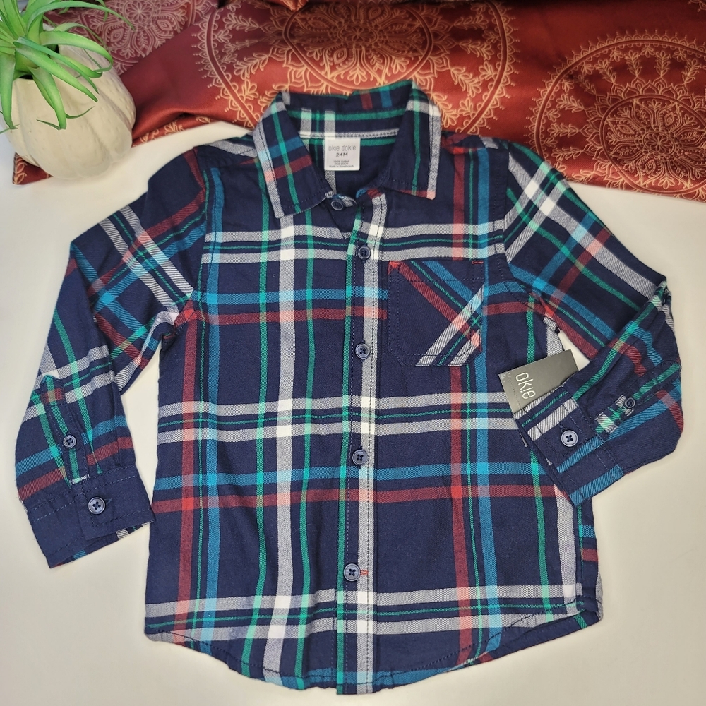 Okie Dokie Plaid Shirt Button Up Blue Size 24 Months NWT